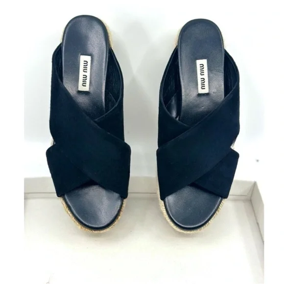 MIU MIU Suede Espadrille Platform Slip on Slides Sandals Black size 8 NEW - Picture 3 of 14